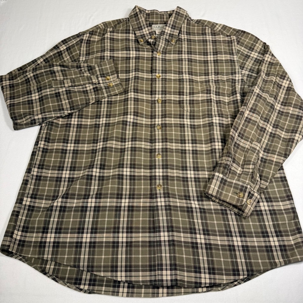 LL Bean Button Shirt L Reg Olive Green Plaid Cotton Long Sleeve rugged cabin
